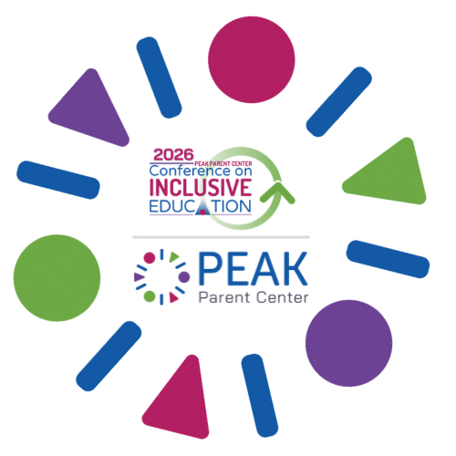 PEAK Parent Center Logo and Conference Logo with varied shapes circling them