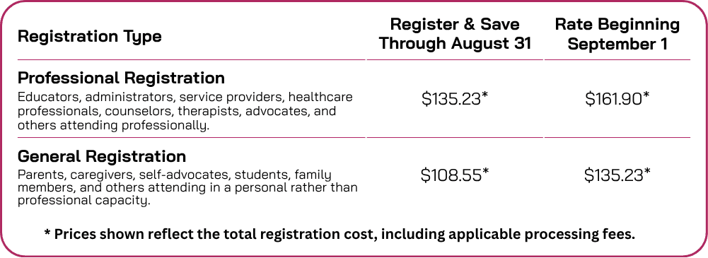 Registration Table Professional Registration Educators, administrators, service providers, healthcare professionals, counselors, therapists, advocates, and others attending professionally. Register & Save Through August 31 - 5.23* Rate Beginning September 1 - 1.90* General Registration Parents, caregivers, self-advocates, students, family mbers, and others attending in a personal rather than professional capacity. Register & Save Through August 31 - 8.55* Rate Beginning September 1 - 5.23* * Prices shown reflect the total registration cost, including applicable processing fees.